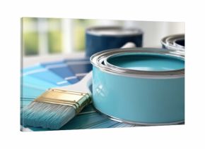 The paint cans and brush with blue swatches for modern home color selection