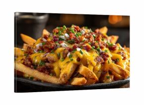 Loaded french fries with melted cheese and bacon bits.