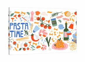 Pasta time, Italian food and culture stickers set in retro cartoon style. Food and drink: pizza, pasta, wine, tomato. Illustration in funky, doodle style, trendy labels set.