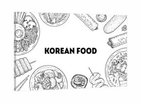 Korean food frame. Hand drawn top view Korean food dishes vector sketch illustration. Bibimbap, tteokbokki, nakji bokkeum, kibap, odeng, corn dog, kimchi