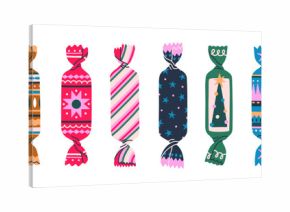 Christmas sweets set. Chocolate candies wrapped in holiday paper wrapper with star patterns, stripes, Xmas drawings. Sugar snack, confectionery. Flat vector illustration isolated on white background