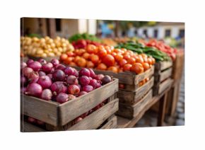 Traditional Mexican plaza with crates of peppers, onions, and tomatoes, economic prosperity in local trade, market vitality through fresh produce, agricultural abundance in cultura