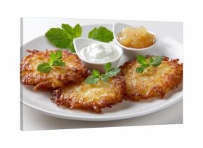Crispy golden latkes served with applesauce and sour cream on white background.