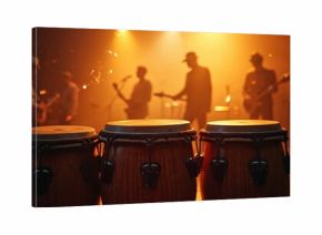 Close up view of conga drums on stage. Musicians play guitars and percussion in dimly lit atmosphere with warm spotlights, creating vibrant musical performance.