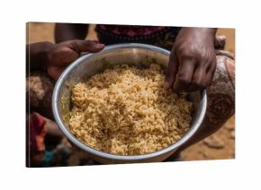 Horizontal photo of a silver bowl filled with rice, with childrenâ€™s hands reaching in, enjoying a sunny outdoor meal