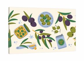 Olive stickers set in retro cartoon. Mediterranean food elements: olive oil bottles, branches with fruits, canned black and green olives. Illustration in funky, doodle style, trendy shapes