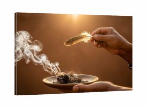 Person performing a smudging ritual with a burning sage stick and feather. Spiritual cleansing ceremony with white smoke for purification and healing. Mindfulness and wellness concept