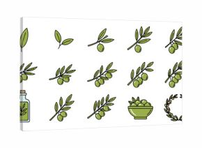 Collection of stylized flat icons representing the olive tree life cycle and products, from single leaves and branches with olives to a bottle of olive oil and a laurel wreath, all on a black