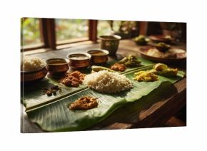 Traditional Onam sadya meal with rice and curries served on banana leaf at wooden table in natural light