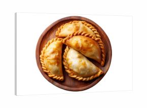 Fried baked pastry empanadas filled with ground beef cheese ham and crimped edges on wooden plate, isolated on white transparent background, concept of traditional Argentina snack