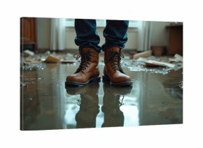 Person stands in flooded room with debris. Water damage assessment requires sturdy boots for indoor cleanup and disaster recovery work. Home repairs needed.