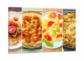 Collage of traditional Italian pasta dishes with cheese and vegetables, top view