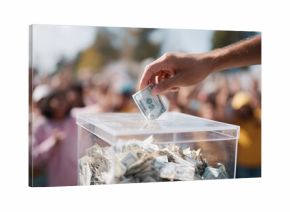 Hand placing money into a donation box before a crowd. Charity, fundraising, or investment concept. Use for campaigns, nonprofits, finance, giving back, and community.