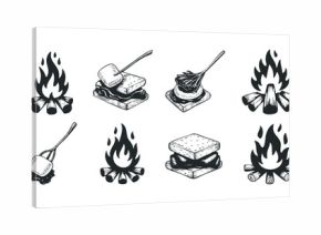 Campfire and s'mores sketch icons