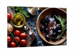 Top View of Mediterranean Ingredients in Rustic Kitchen
