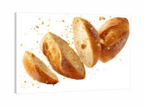 Crispy sliced baguette bread with flying crumbs isolated on transparent background