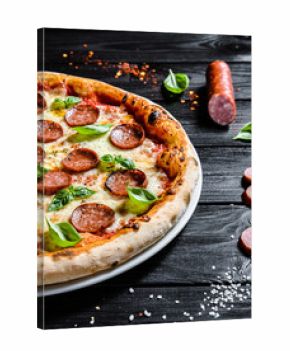 Sausage and Cheese Pizza on Black Wooden Surface