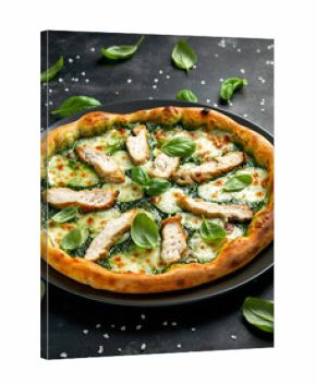 Pesto Chicken Pizza with Cheese and Basil Leaves