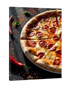 Hot Pepperoni Pizza on Black Surface with Chili and Melted Cheese