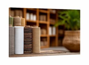 Eco-friendly fabric studio display with flax linen and cotton rolls, woven burlap and coarse canvas in textured patterns, highlighting natural craftsmanship and boho living aesthet