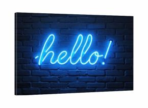 Blue neon hello sign glows on dark brick wall. Simple word art conveys greeting and welcome. Modern retro electric text decorates nightclub bar entrance.