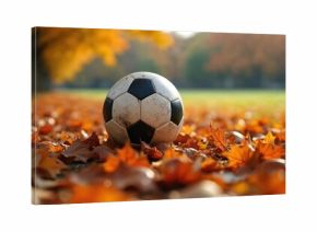 Soccer ball rests in vibrant autumn leaves on grassy field. Warm sunlight illuminates scene showcasing fall colors and sports equipment. This image represents outdoor recreation and seasonal activity.