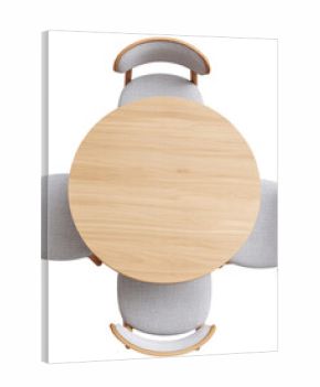 Top view of round wooden dining table with four chairs isolated on transparent background, symbolizing interior design and modern lifestyle.