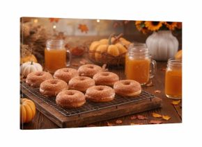 Donuts flavored with apple spice, pumpkin, and a glass of apple cider