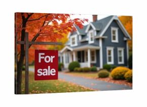 Red For Sale sign hangs on post in autumn. Charming house with dark siding stands behind. Fall leaves cover yard and sidewalk. Property available, ready for a great new owner now, a perfect home.