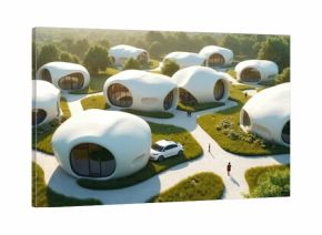 Futuristic 3D printed houses sit in a green forest. Smooth white organic shapes have large windows. People walk near modern eco homes and electric car.