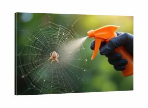 A person in black gloves sprays insecticide onto a spider and its web. This image shows pest control work outdoors with a garden sprayer targeting an arachnid.