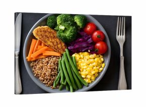 Healthy portion plate featuring balanced servings of vegetables grains and protein.