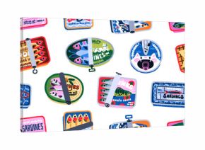 Sardines in cans, seamless pattern, endless background. Canned sea fish, Italian seafood, ocean food, snack in tin packages, repeating print for textile, wrapping design. Flat vector illustration