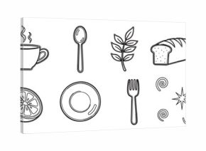 Collection of hand drawn breakfast food and kitchen utensil icons. Minimalist line art set with a coffee cup, bread, lemon, plate, fork and spoon for cafe menu design