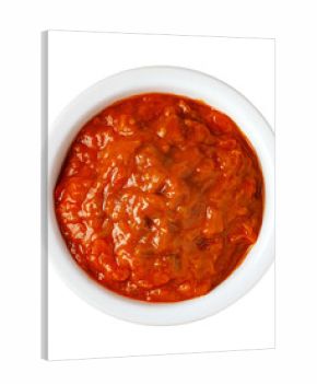 Spicy red chunky tomato sauce in bowl, transparent background