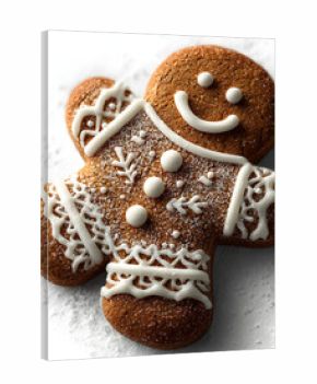 Smiling gingerbread man cookie decorated with white icing, isolated on a white background. Perfect for holiday and Christmas themes. isolated PNG transparent background.