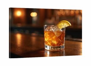 Amber whiskey sour drink with ice and lemon garnish sits on polished bar top. Soft bokeh lights in background create warm inviting atmosphere for relaxation and enjoyment.