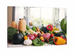 Vegetables, organic groceries or kitchen counter with ingredient variety, plant based diet or nutrition. Fresh produce, meal prep or collection of natural food for vegan menu, health or detox in home