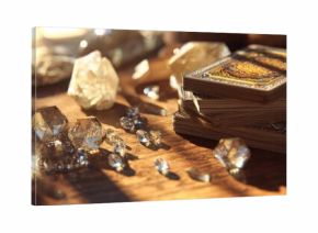 A deck of ornate tarot cards on a wooden table, surrounded by crystals and gemstones. Concept Ornate tarot cards, wooden table, crystals and gemstones, mystical setup, arcane symbolism