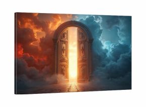 Large, open double doors with intricate carvings stand between contrasting cloudy skies, judgment transition to afterlife. Doors surrounded by bright, radiant light, representing hope, salvation.