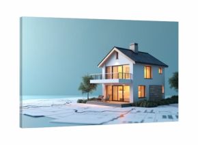 Modern house model with architectural plans. Building design and blueprints show exterior elevation and layout. Construction project development for home.