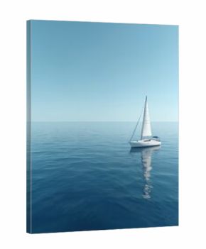 A lone white sailboat glides across a tranquil deep blue ocean under a clear, bright sky. The vessel reflection shimmers on the calm water surface, suggesting peace and solitude.