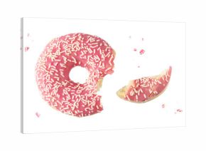 Pink glazed single bitten donut with white sprinkles and crumbs flying isolated on white