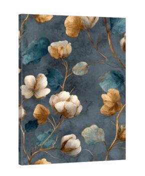 Seamless pattern with delicate white cotton flowers in full bloom and golden leaves on a dark blue textured background for fashion, textile, and wallpaper design.
