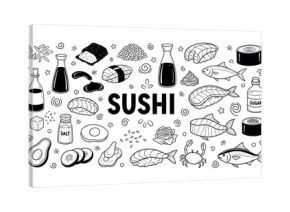 Black and white sushi ingredients and dishes illustration with fish, rice, and sauce bottles