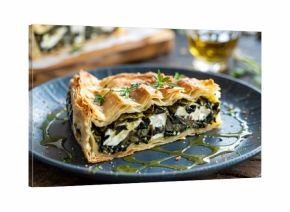 Hyper detailed slice of traditional Greek spanakopita spinach feta pie