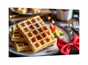 Inviting close-up of stacked churro waffles with sugar and festive bow