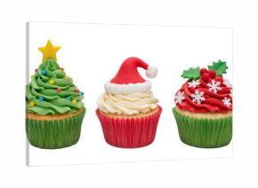 Christmas cupcakes decorated with festive frosting designs including a Christmas tree, Santa hat, and holly, isolated on transparent or white background
