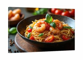 Shrimp pasta dish served in a dark bowl with cherry tomatoes and fresh basil garnish. Ingredients mixed with noodles and sauce. Delicious seafood meal presented beautifully.
