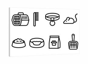 Essential Cat Care Icons. Cat Care linear icon set: cat carrier, grooming comb, collar with tag, cat toy mouse, feeding bowl, cat bed, treat bag, litter scoop